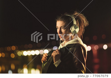 Millennial Girl Listen Music Neon Light Outdoor 77067079