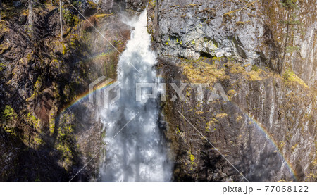 Waterfall rushing down a rocky canyon in the Canadian Mountains. 77068122