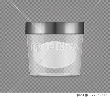 Empty transparent jar mockup with label and silver cap for cheese, ice cream, butter, frozen yoghurt Empty transparent jar mockup with label and silver cap for cheese, ice cream, butter, frozen yoghurt 77069352