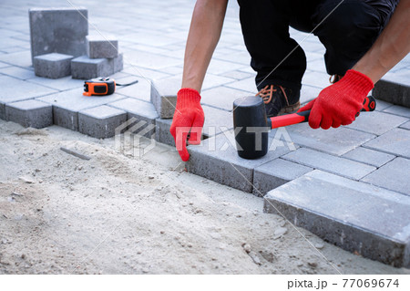 The master in yellow gloves lays paving stones 77069674