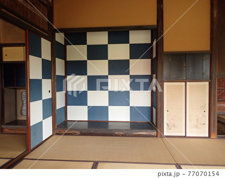 桂離宮　松琴亭　市松模様の襖　青と白の襖　日本の伝統柄　京都市西京区桂　 77070154
