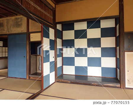 桂離宮　松琴亭　市松模様の襖　青と白の襖　日本の伝統柄　京都市西京区桂　 77070155