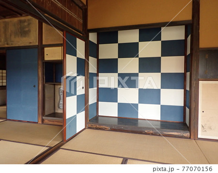 桂離宮　松琴亭　市松模様の襖　青と白の襖　日本の伝統柄　京都市西京区桂　 77070156