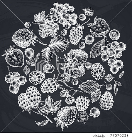 Round design with chalk strawberry, blueberry, red currant, raspberry, blackberry 77070233