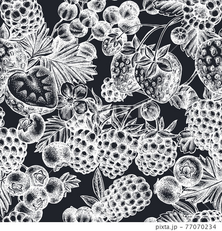Seamless pattern with hand drawn chalk strawberry, blueberry, red currant, raspberry, blackberry Seamless pattern with hand drawn chalk strawberry, blueberry, red currant, raspberry, blackberry 77070234