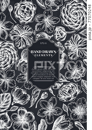 Card design with chalk hibiscus, plum flowers, peach flowers, sakura flowers, magnolia flowers 77070248