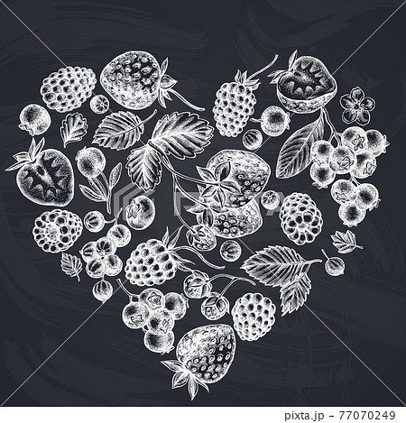 Heart design with chalk strawberry, blueberry, red currant, raspberry, blackberry 77070249