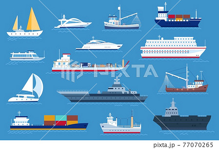 Sea boats. Fishing and cargo ships, yacht, shipping boat, cruise ocean liner, motorboat and military warship. Sailboat transport vector set Sea boats. Fishing and cargo ships, yacht, shipping boat, cruise ocean liner, motorboat and military warship. Sailboat transport vector set 77070265