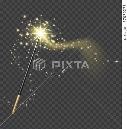 Magic wand. Realistic fairytale stick with golden sparkle trail. Fantasy glitter and shine star. Fairy wand and magical light vector concept 77070273