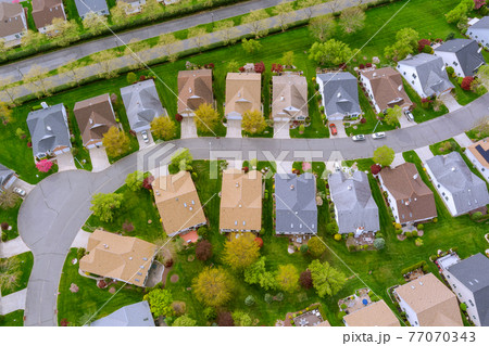 Scenic seasonal landscape from above aerial view of a small town in countryside Ohio US Scenic seasonal landscape from above aerial view of a small town in countryside Ohio US 77070343