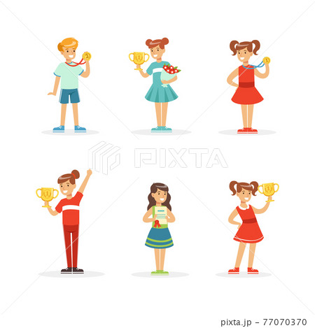 Excited Boy and Girl Winner Standing with Gold Cup and Medals as Achievement Award Vector Set Excited Boy and Girl Winner Standing with Gold Cup and Medals as Achievement Award Vector Set 77070370