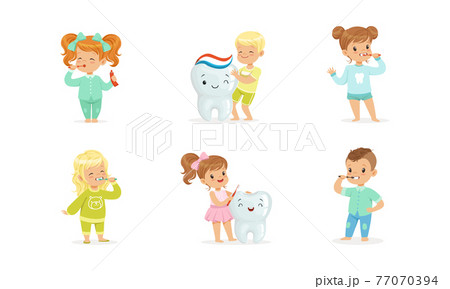 Cute Little Boy and Girl Brushing Teeth with Toothpaste and Toothbrush Vector Set 77070394
