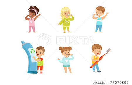 Cute Little Boy and Girl Brushing Teeth with Toothpaste and Toothbrush Vector Set 77070395