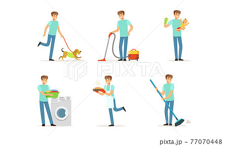Happy Man Sweeping the Floor, Walking the Dog, Baking Pie and Nursing Baby Vector Set 77070448