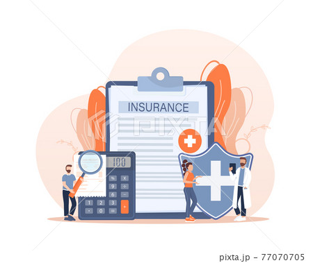 Vector illustration with health insurance concept. Big clipboard with doctor and woman. Healthcare, finance and medical service. Vector illustration in flat style. Vector illustration with health insurance concept. Big clipboard with doctor and woman. Healthcare, finance and medical service. Vector illustration in flat style. 77070705
