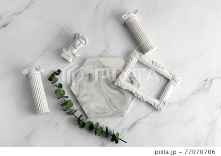 Cosmetic Product presentation background with antique statues. Top view Cosmetic Product presentation background with antique statues. Top view 77070706