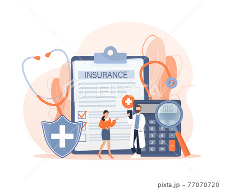 Vector illustration with health insurance concept. Big clipboard with doctor and woman. Healthcare, finance and medical service. Vector illustration in flat style. Vector illustration with health insurance concept. Big clipboard with doctor and woman. Healthcare, finance and medical service. Vector illustration in flat style. 77070720