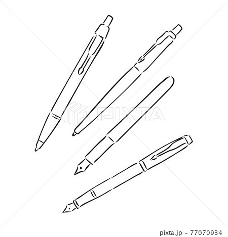 Vector black line art, hand drawn sketch on white background, isolated object of school supplies writing and drawing tools, pens, pencils, brushes, markers, felt-tip pen, etc, back to school theme. 77070934