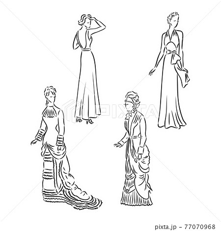 Antique dressed lady. Old fashion vector illustration. Victorian woman in historical dress. Vintage stylized drawing, retro woodcut style 77070968