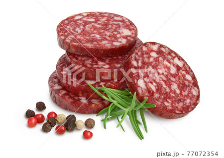 Smoked sausage salami slices isolated on white background with clipping path and full depth of field 77072354