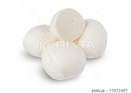 Mozzarella cheese sliced with basil leaf isolated on white background with clipping path and full depth of field 77072407