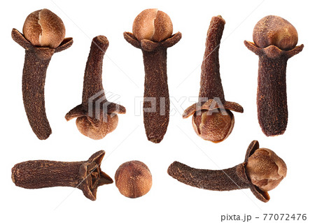 Dry spice cloves isolated on white background with clipping path. Top view. Flat lay. Set or collection Dry spice cloves isolated on white background with clipping path. Top view. Flat lay. Set or collection 77072476