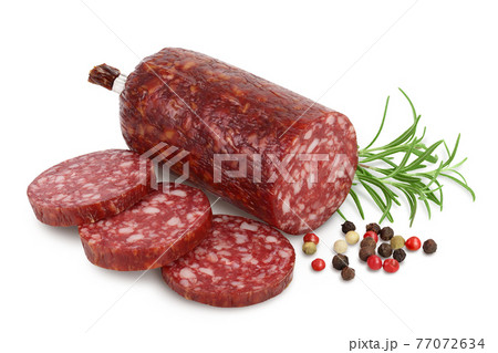 Smoked sausage salami isolated on white background with clipping path and full depth of field Smoked sausage salami isolated on white background with clipping path and full depth of field 77072634