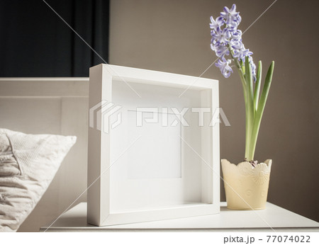 easter spring still life. card mockup, hyacinth in flower pot, Scandinavian interior 77074022