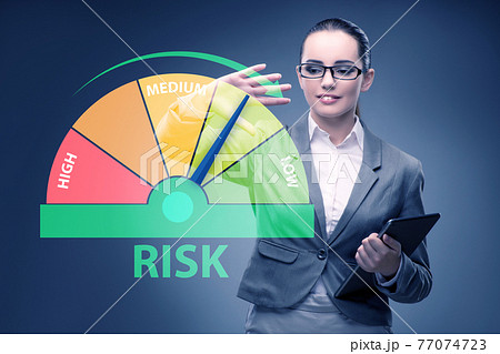 Businesswoman in risk metering and management concept 77074723
