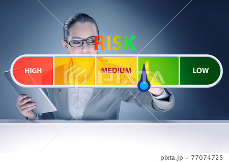 Businesswoman in risk metering and management concept 77074725
