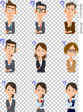 疑問を感じている会社員の男女の上半身セット 77074886
