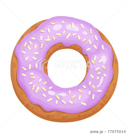 Donut glazed with colorful sugar and icing and topped with sprinkles lying isolated on white background. Tasty fried dough confectionery or dessert. Vector illustration. Realistic cartoon style 77075014