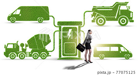Businesswoman in the concept of electric charging and vehicles 77075125
