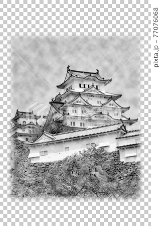 世界文化遺産 国宝 「姫路城」水墨画風 絵手紙のイラスト素材