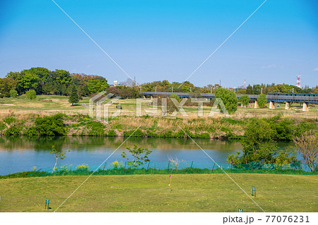 荒川土手から 早春の風景 荒川 JR川越線鉄橋 電車通過中 荒川土手から 早春の風景 荒川 JR川越線鉄橋 電車通過中 77076231