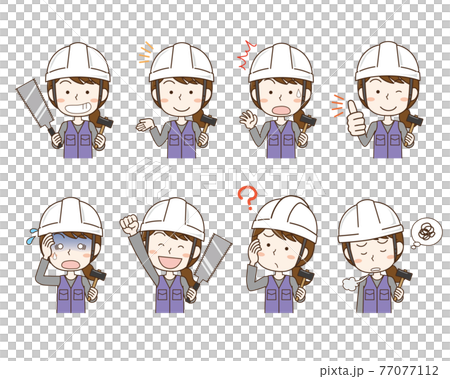 Facial expression pose set of a construction worker woman wearing a helmet Facial expression pose set of a construction worker woman wearing a helmet 77077112