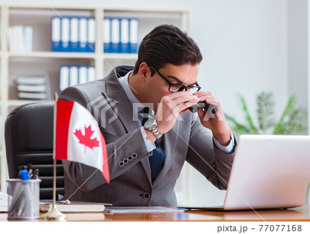 Businessman with Canadian flag in office Businessman with Canadian flag in office 77077168