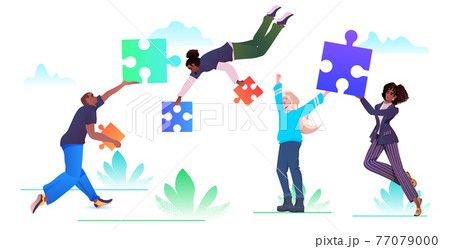 mix race businesspeople team putting parts of puzzle together problem solution teamwork concept 77079000