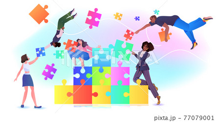 mix race businesspeople team putting parts of puzzle together problem solution teamwork concept 77079001