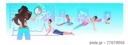 young people doing sport exercises with female fitness trainer online cardio training workout concept 77079002