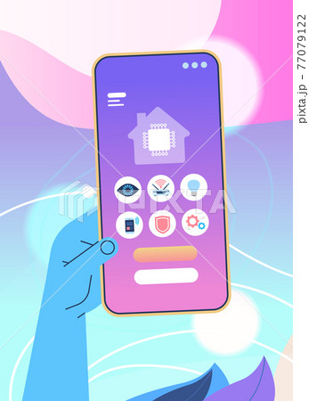 human hand using mobile app for smart house system control on smartphone screen technology and lifestyle 77079122