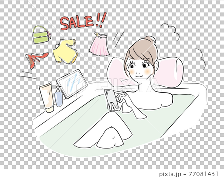 Cute woman bath time online shopping 77081431