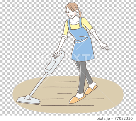掃除機で部屋を掃除をする女性　 77082330