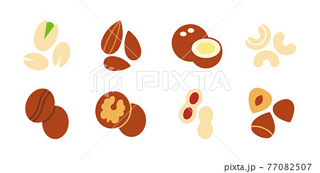Nuts icon set. Vector flat color icon of nuts isolated on white. Almond cashew coffee hazelnut peanut pistachios walnut coconut collection. Modern design. Healthy food and vitamins 77082507