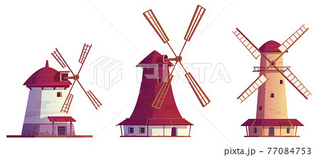 Cartoon windmills, antique buildings isolated set 77084753