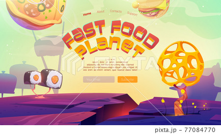 Fast food planet cartoon landing page with pizza 77084770