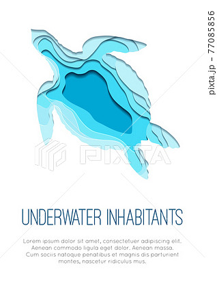 Vertical banner with paper cut layered turtle illustration and place for text. Ocean dweller. Silhouette of marine reptile. Vector template with drawing of origami aquatic animal Vertical banner with paper cut layered turtle illustration and place for text. Ocean dweller. Silhouette of marine reptile. Vector template with drawing of origami aquatic animal 77085856