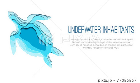 Horizontal banner with paper cut layered turtle illustration and place for text. Ocean dweller. Silhouette of marine reptile. Vector template with drawing of origami aquatic animal 77085857