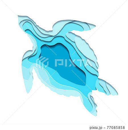 Paper cut layered turtle illustration. Ocean dwellers. Silhouette of a marine reptile. Vector blue drawing of origami aquatic animal Paper cut layered turtle illustration. Ocean dwellers. Silhouette of a marine reptile. Vector blue drawing of origami aquatic animal 77085858