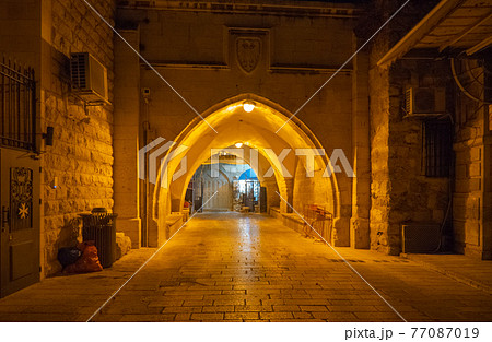 Ancient Street in Jewish Quarter ay Night, The Old City Jerusalem.  77087019